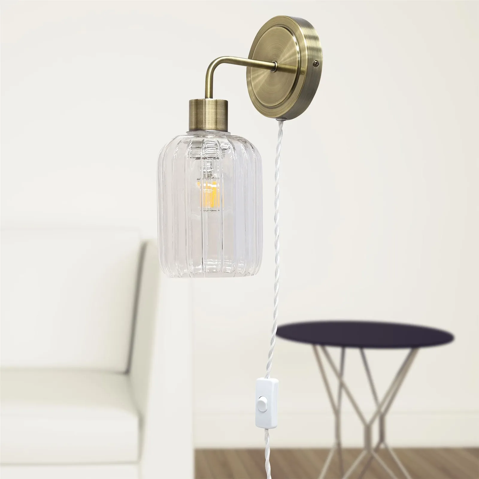 First Choice Lighting Toby - Antique Brass Plug in Wall Light & Lozenge Ribbed Glass Shade in Gold 4