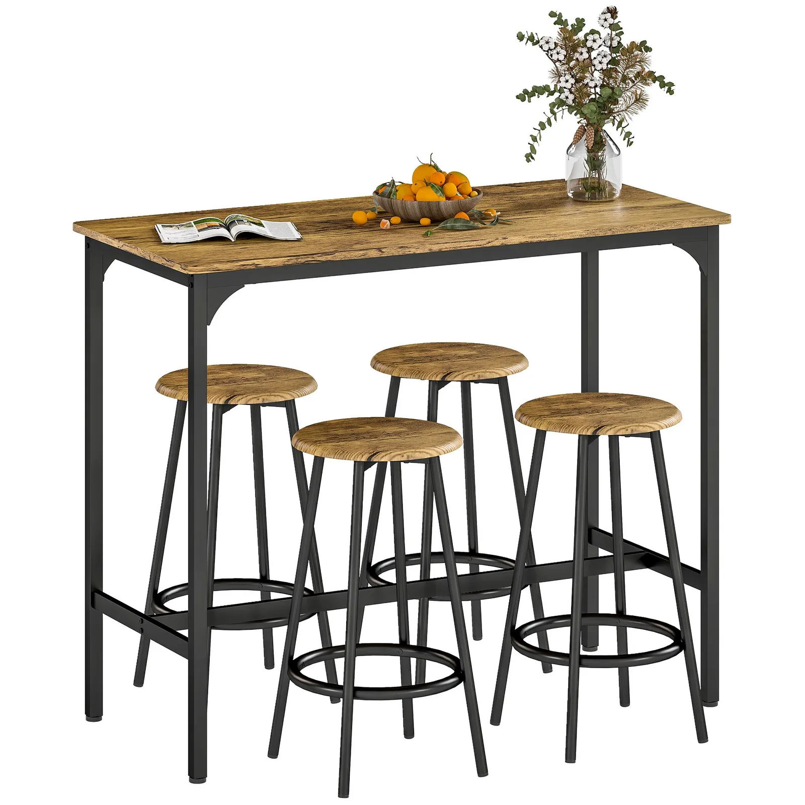 HOMCOM 5 Piece Bar Table & Stools Set with Metal Frame in Brown 2