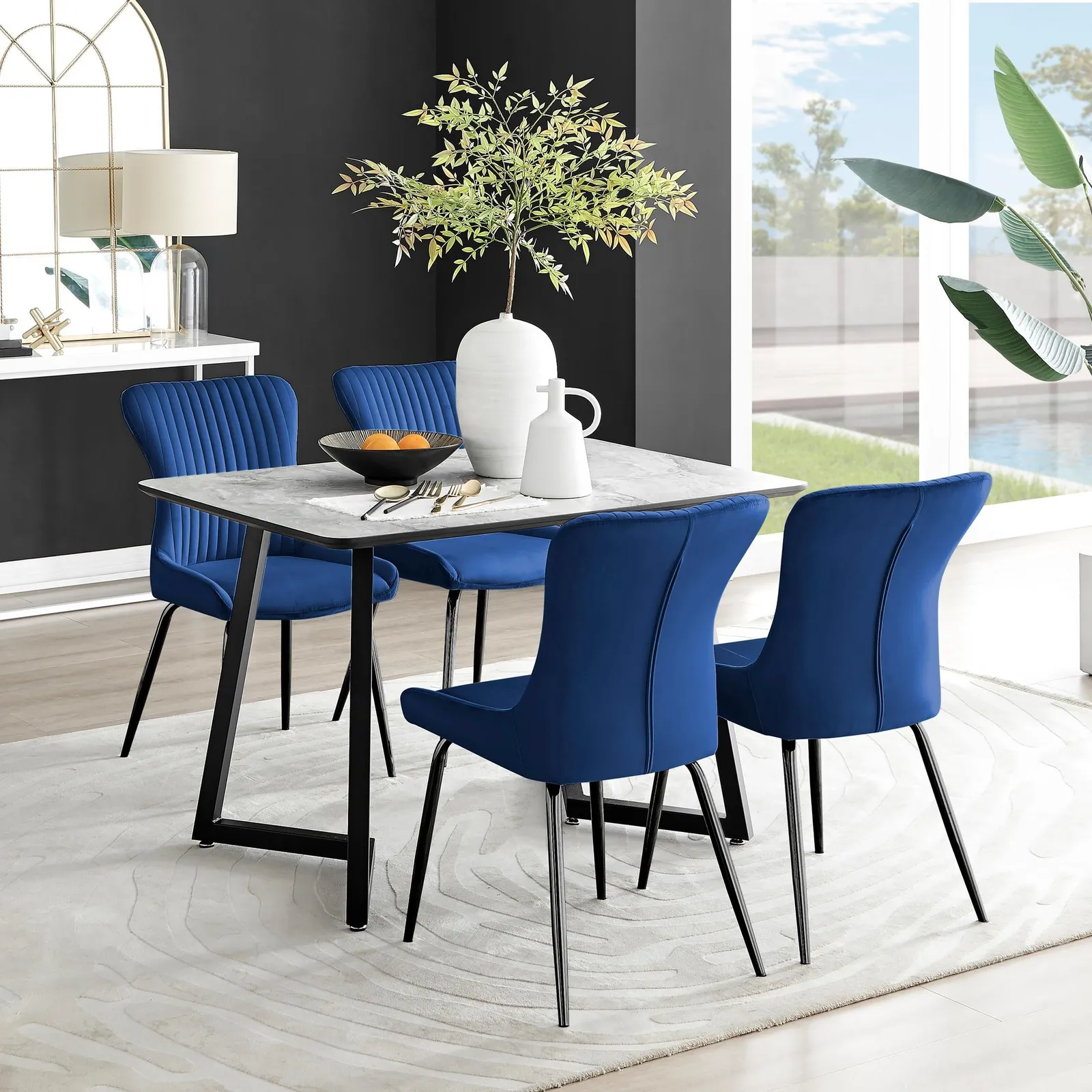 FurnitureboxUK Carson White Marble Effect Dining Table & 4 Nora Black Leg Chairs in Blue 1