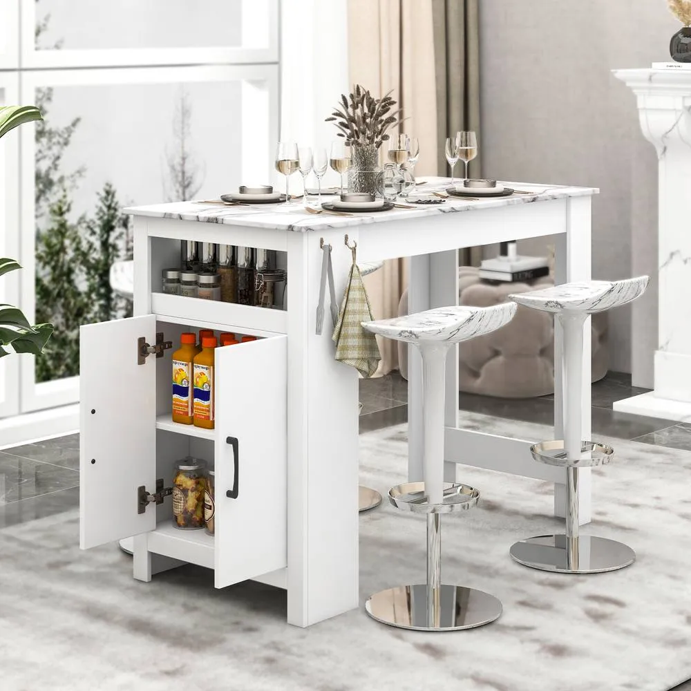 Costway Faux Marble Bar Table Pub Table w/Hooks & Cabinet Kitchen Dining Table in White 4