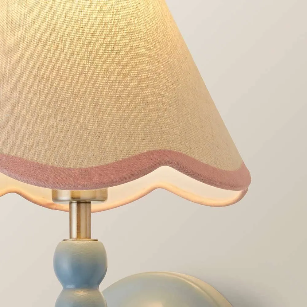 ValueLights Bobbins Pair Blue Bobble Wall Lights & Linen Pastel Trim Lamp Shades in Pale Pink 4