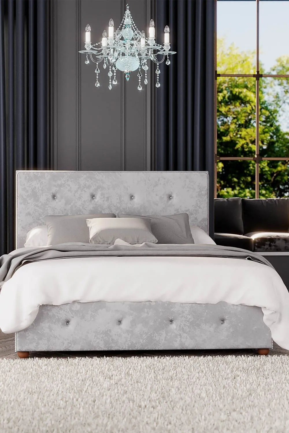 Laurence Llewelyn-Bowen Hesper Ottoman Storage Bed in Mirazzi Velvet Fabric, Custom Made in Silver 4