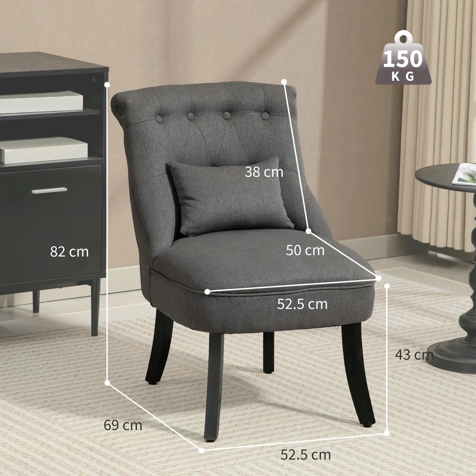 HOMCOM Fabric Single Sofa Upholstered with Pillow Wood Leg Charcoal Grey in Dark Grey 3