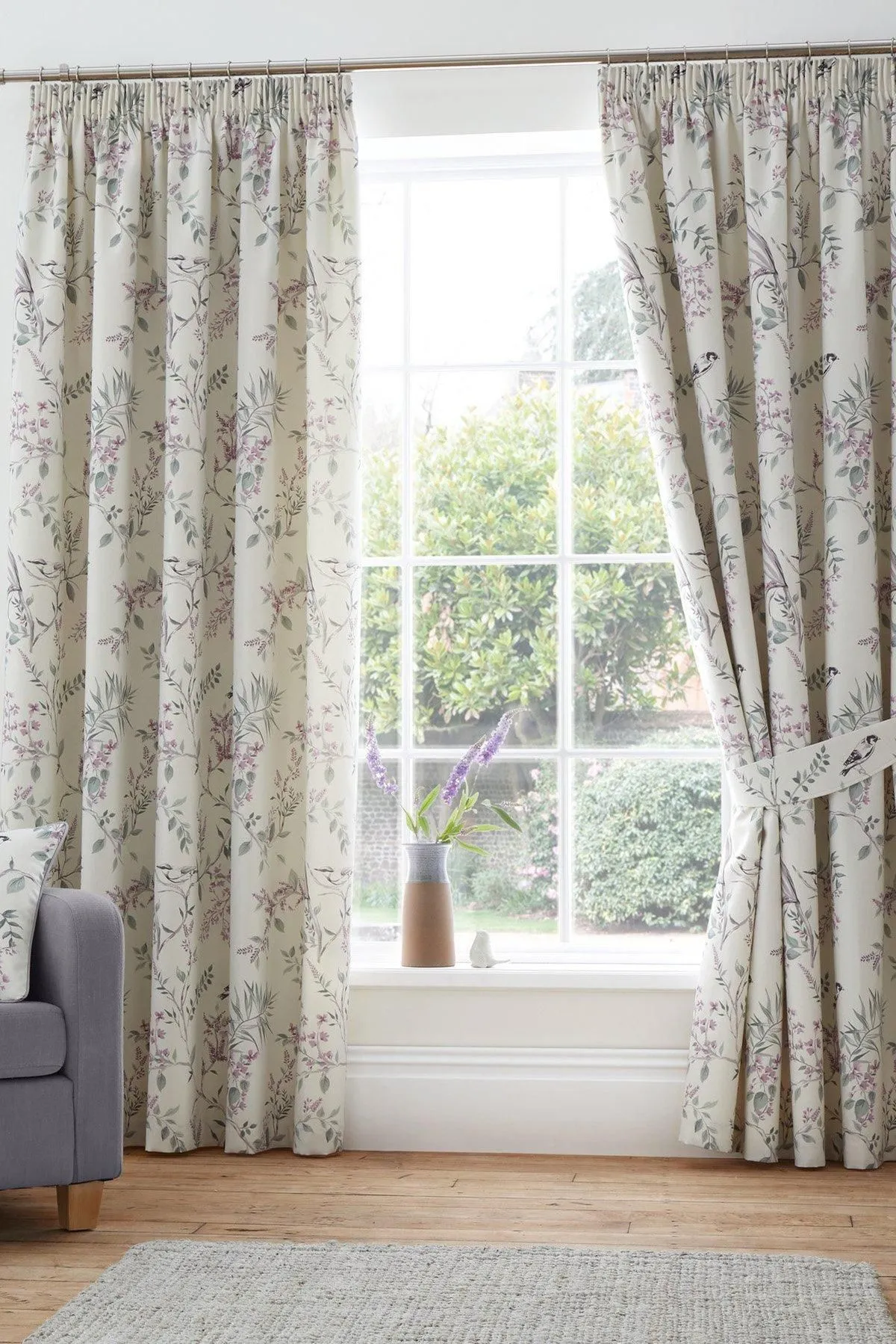 Dreams & Drapes 'Jazmine' 100% Cotton Floral Print Pair of Pencil Pleat Curtains With Tie-Backs in Lavender 1
