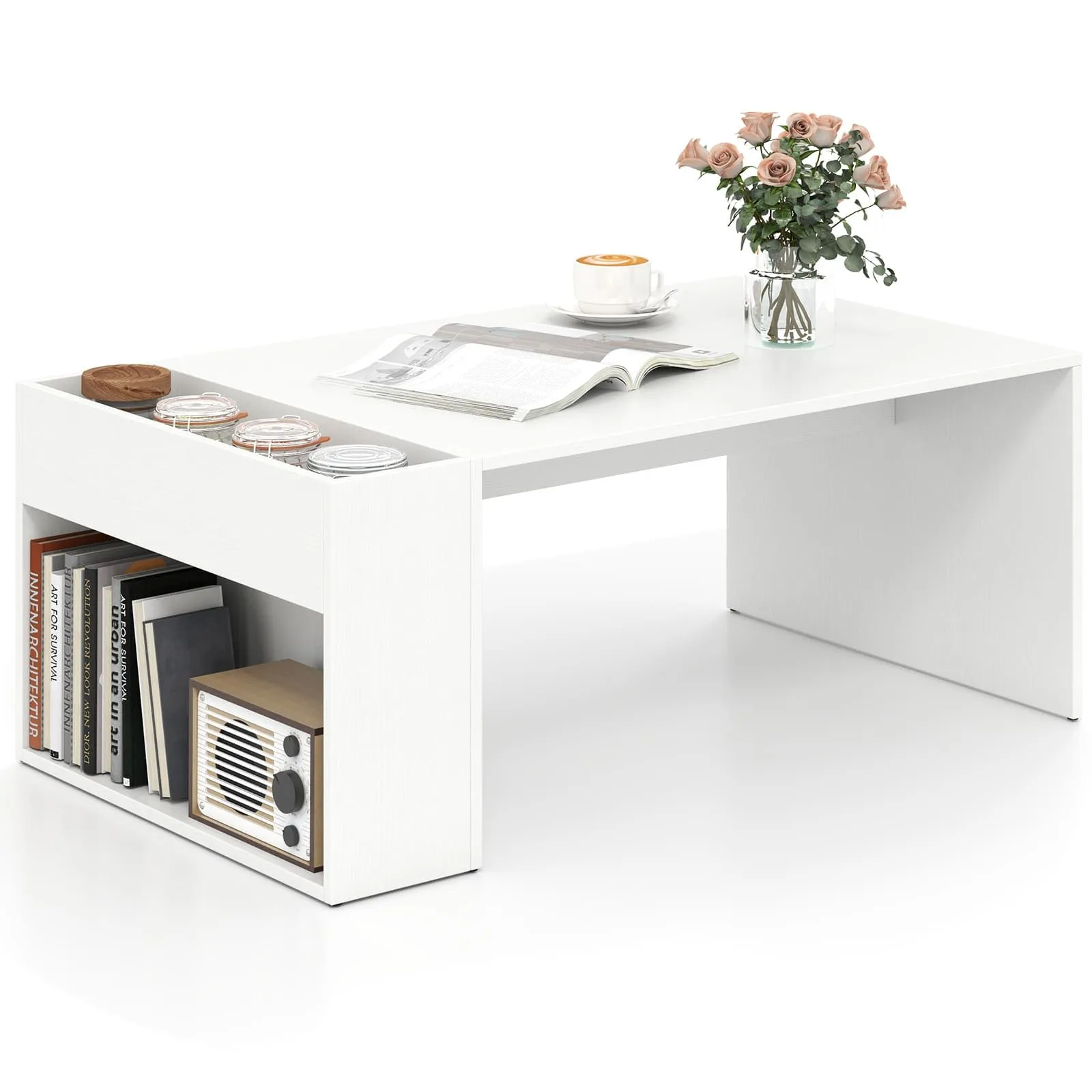 Costway Coffee Table 85cm Coffee Table with Double-Layer Storage Space in White