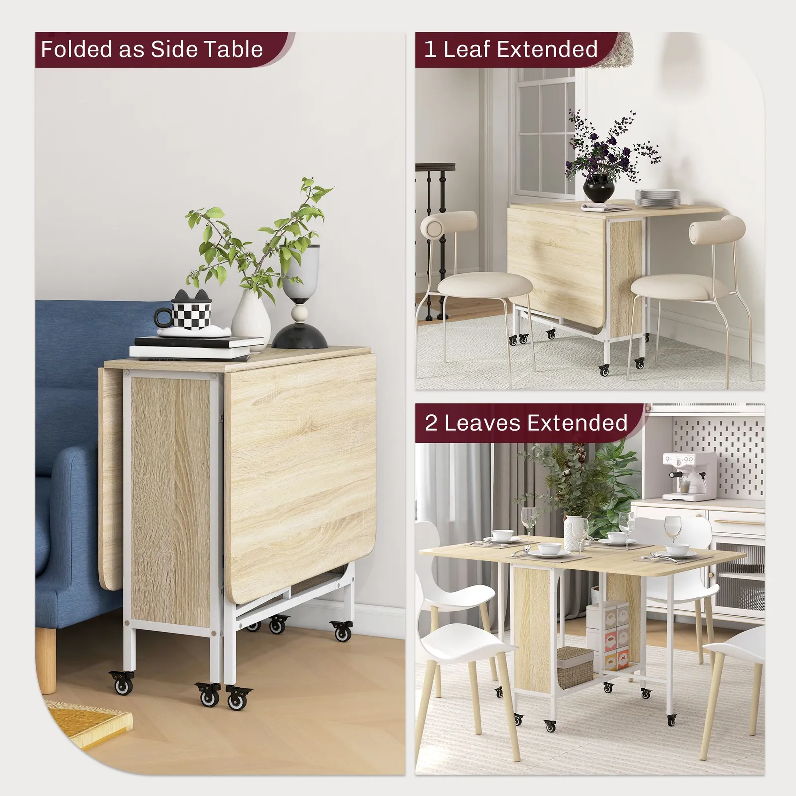 HOMCOM Mobile Drop Leaf Dining Table on Wheels with Storage Shelf in Yellow 4