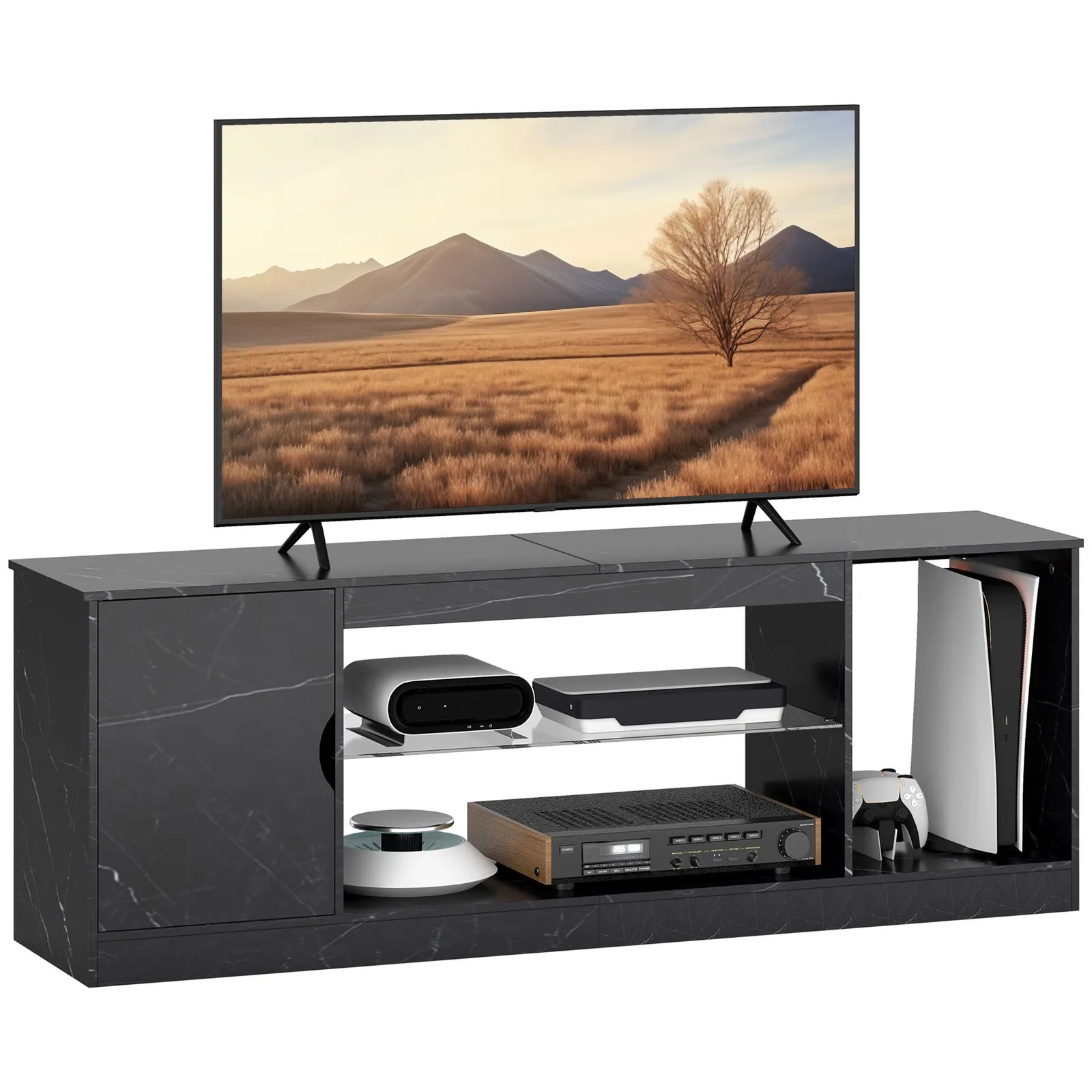 HOMCOM Marble Effect TV Stand Cabinet with Glass Shelf for 55 Inch TVs in Black 2