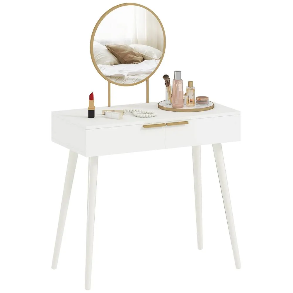 HOMCOM Modern Dressing Table w/ 2 Drawers Round Mirror for Bedroom White