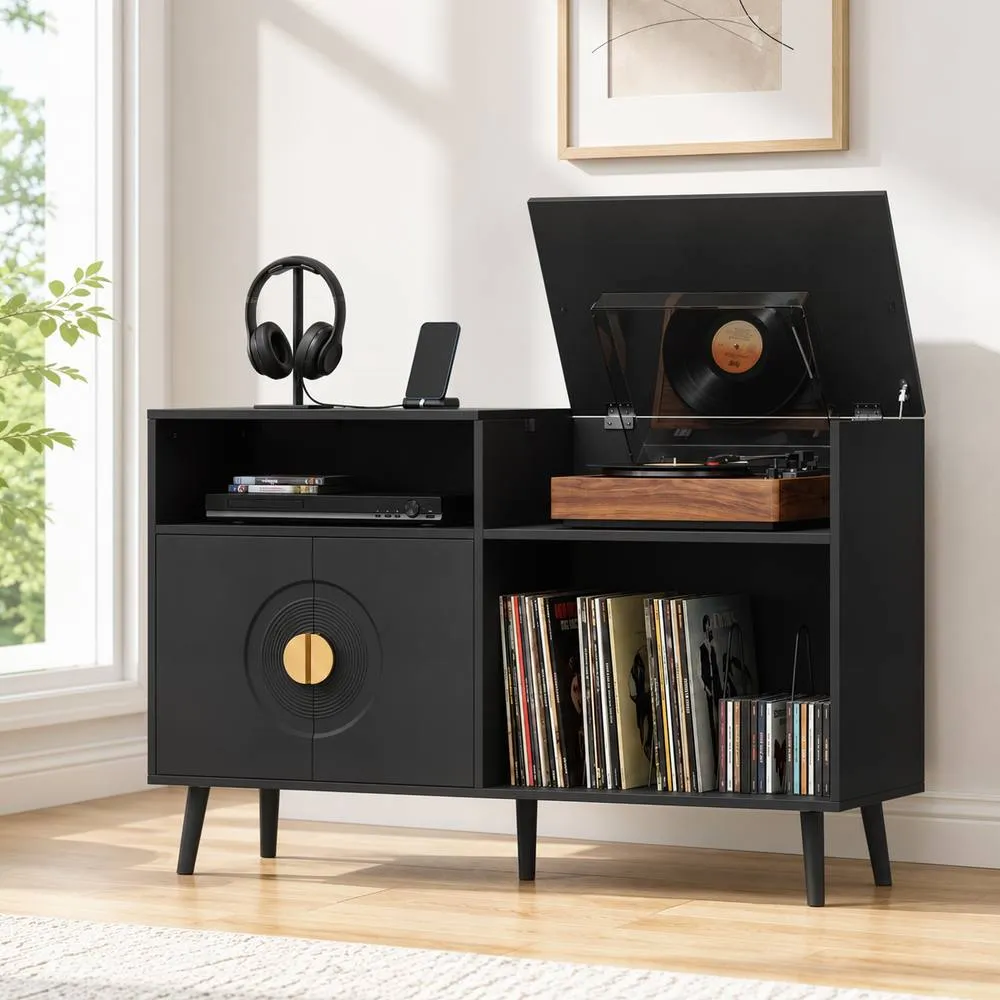 HOMCOM Record Player Stand Holds Up to 300 Albums with Cable Hole in Black 2