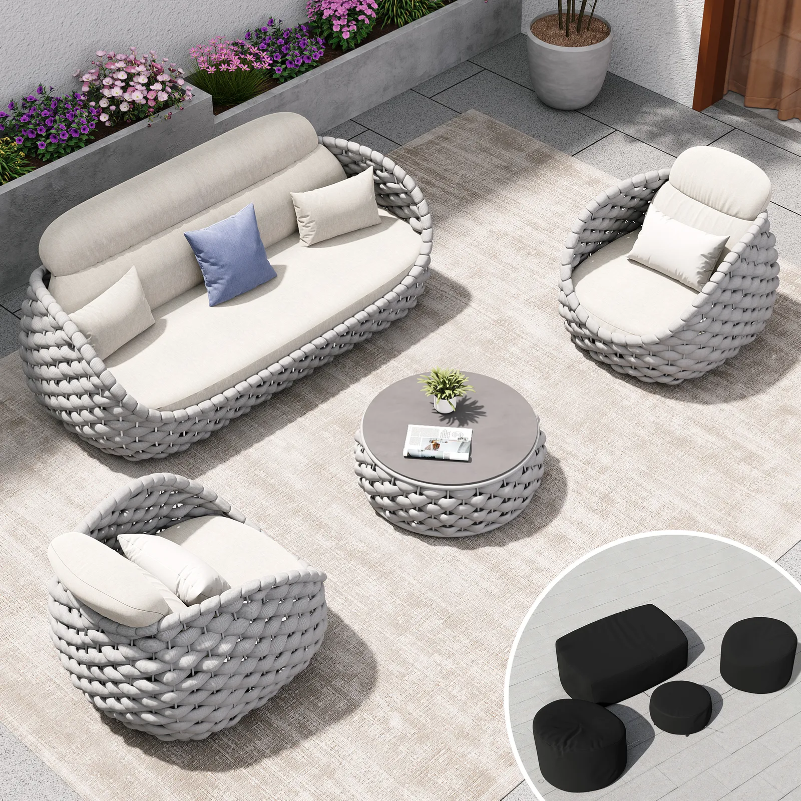 Cocaro 8-Piece Outdoor Rope Weave Sofa Set with Black Cover in Grey & White
