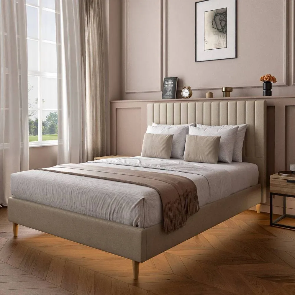 X Rocker Maisie Velvet Upholstered Bed Frame with LED Lights in Beige 1
