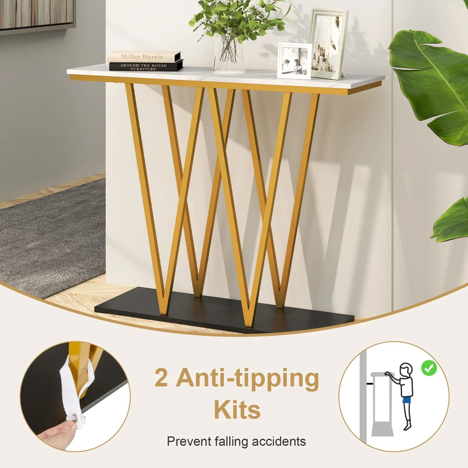 Costway Console Table 100cm Extra Long Entry Table w/ Faux Marble Top in White 3