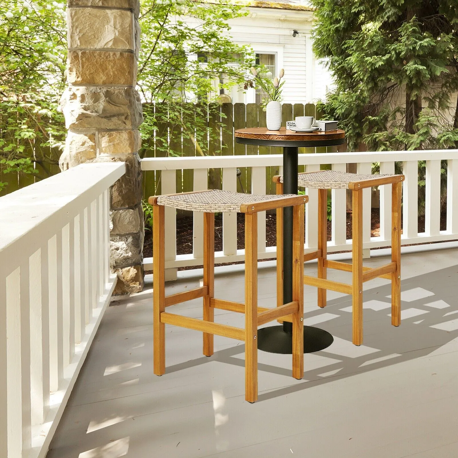 Costway Set of 2 Outdoor Bar Stools 76cm Bar Height Chairs Patio High Stools Set in Brown 6