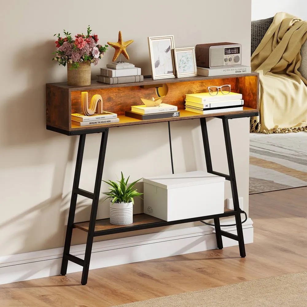 Costway 3-Tier Console Table Entryway Table Narrow Sofa Table w/ LED Light in Brown