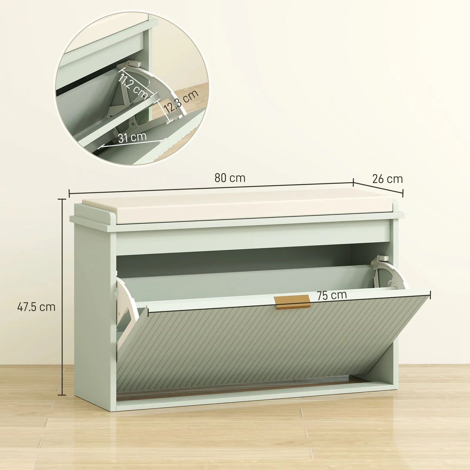 HOMCOM Shoe Storage Bench with Cushion & Flip-Drawer in Green 3