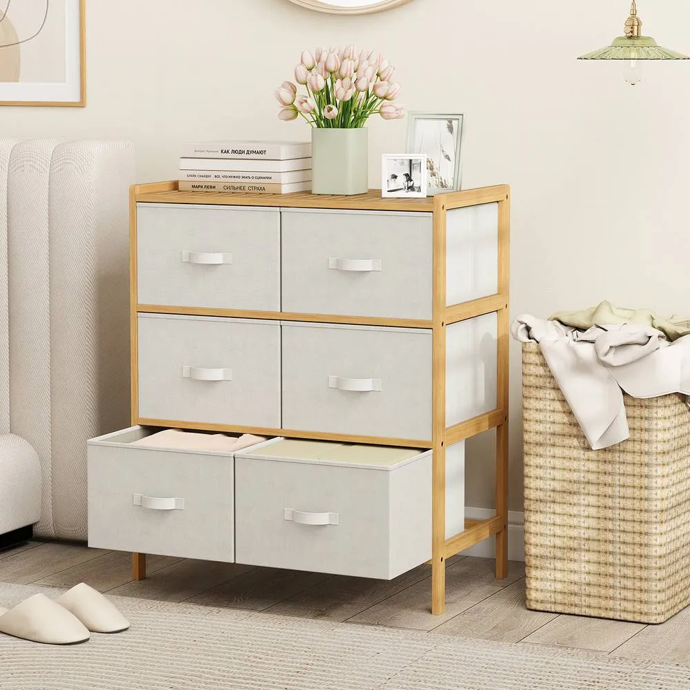 Costway 6-Drawer Dresser for Bedroom Bamboo Storage Tower Organizer Closet in Khaki