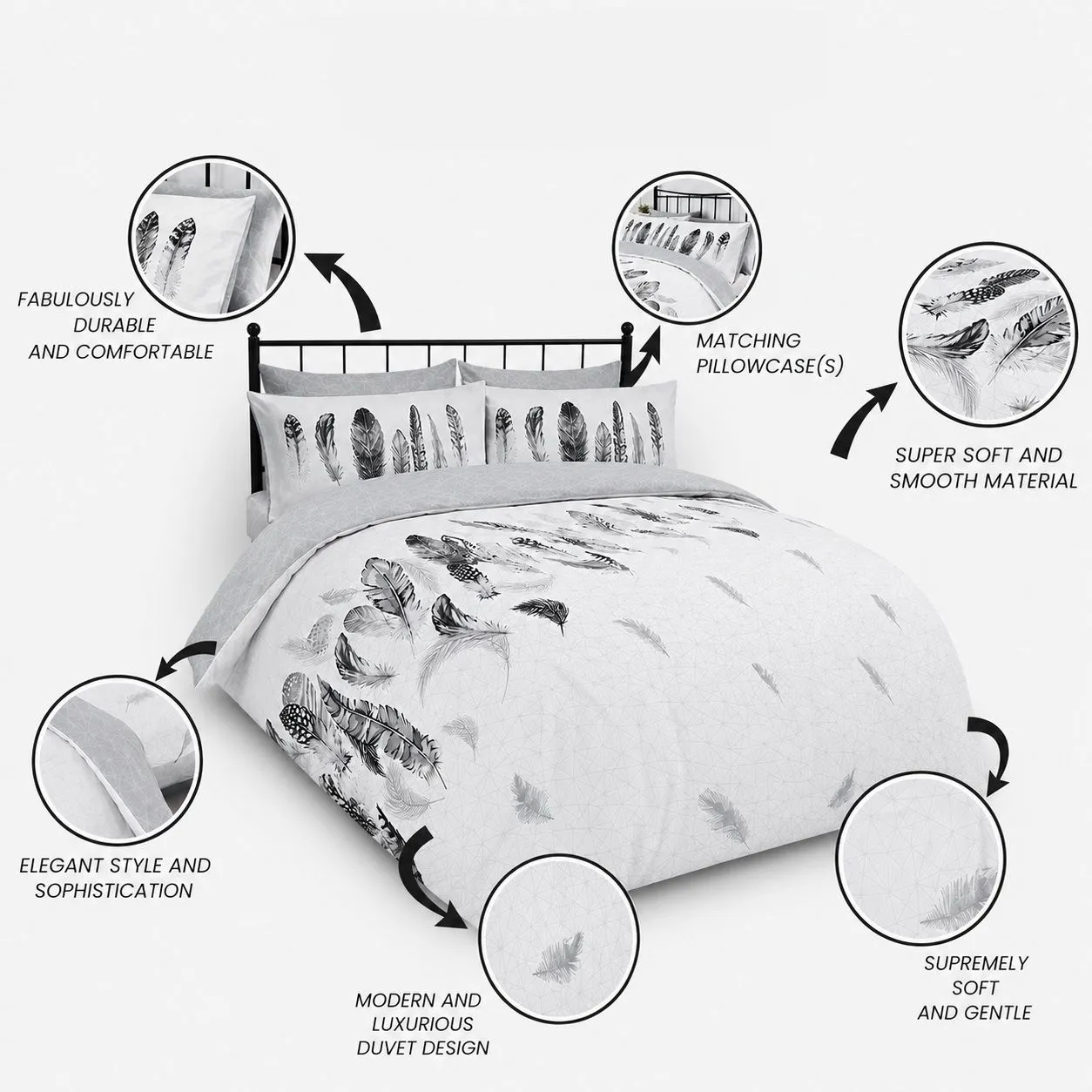 Smart Living Printed Polycotton Feathers Duvet Cover With Pillowcases in White 4