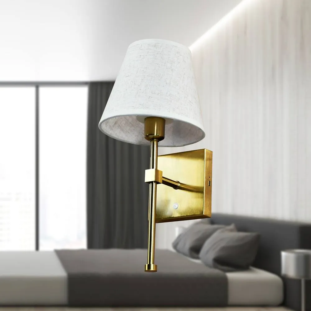 First Choice Lighting Horrace - Satin Brass Rechargeable Wall Light with Linen Shade in Gold 6