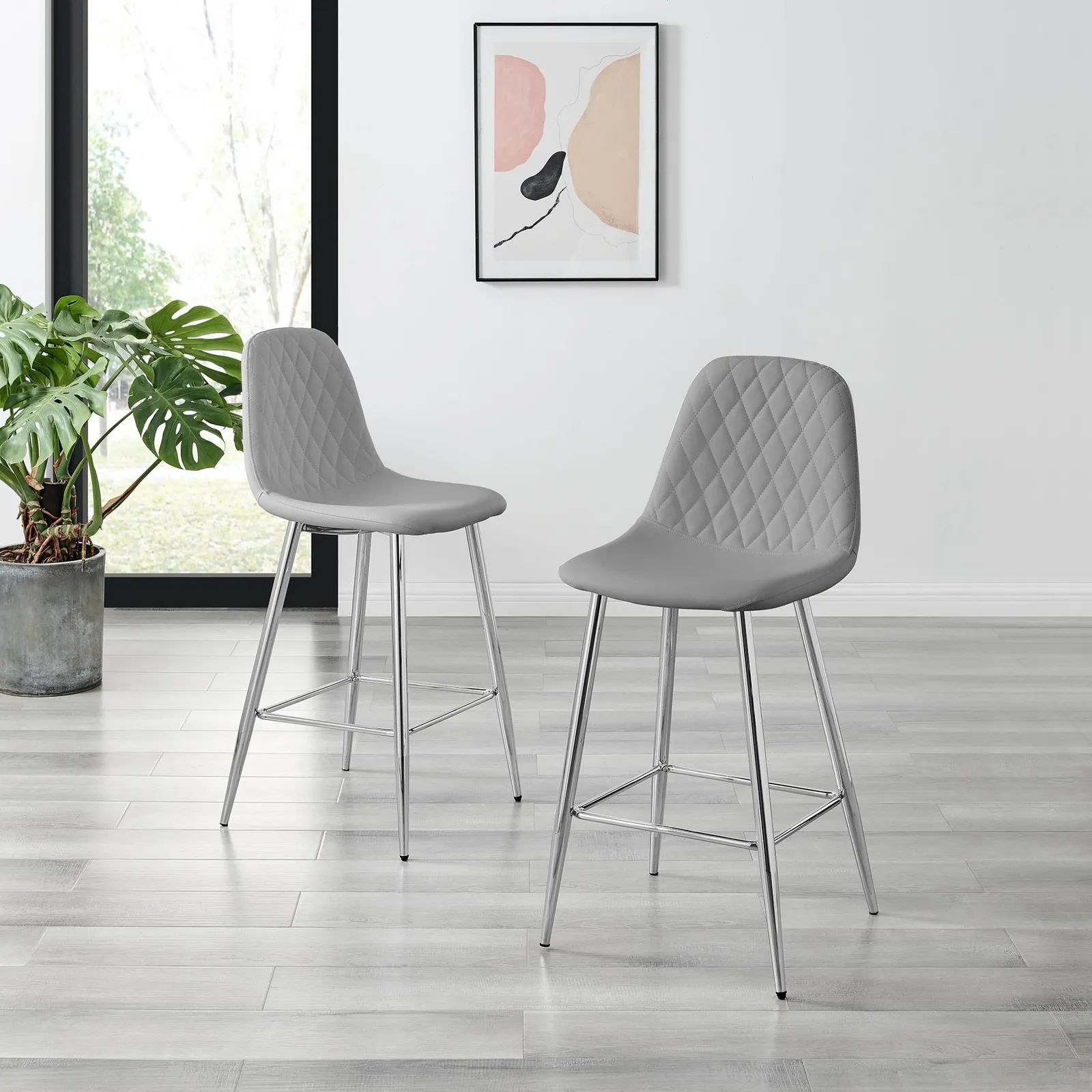 FurnitureboxUK Corona Set of 2 Counter Stools - Faux Leather Counter Stools With Silver Legs - Kitchen Island Stool in Grey 2