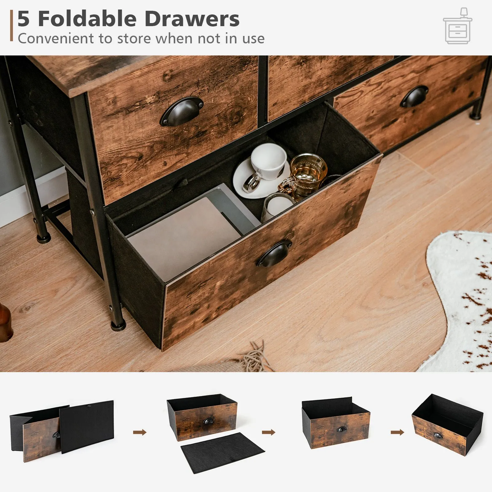 Costway 2-Tier Fabric Storage Organizer 5 Drawers Dresser Organizer Chest of Drawers in Brown 5