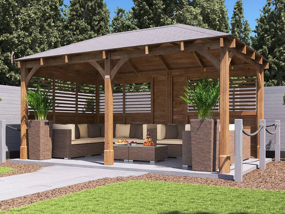 Dunster House Wooden Gazebo Kit with Louvre Wall & Shingles 5m x 3m - Leviathan in Brown 2