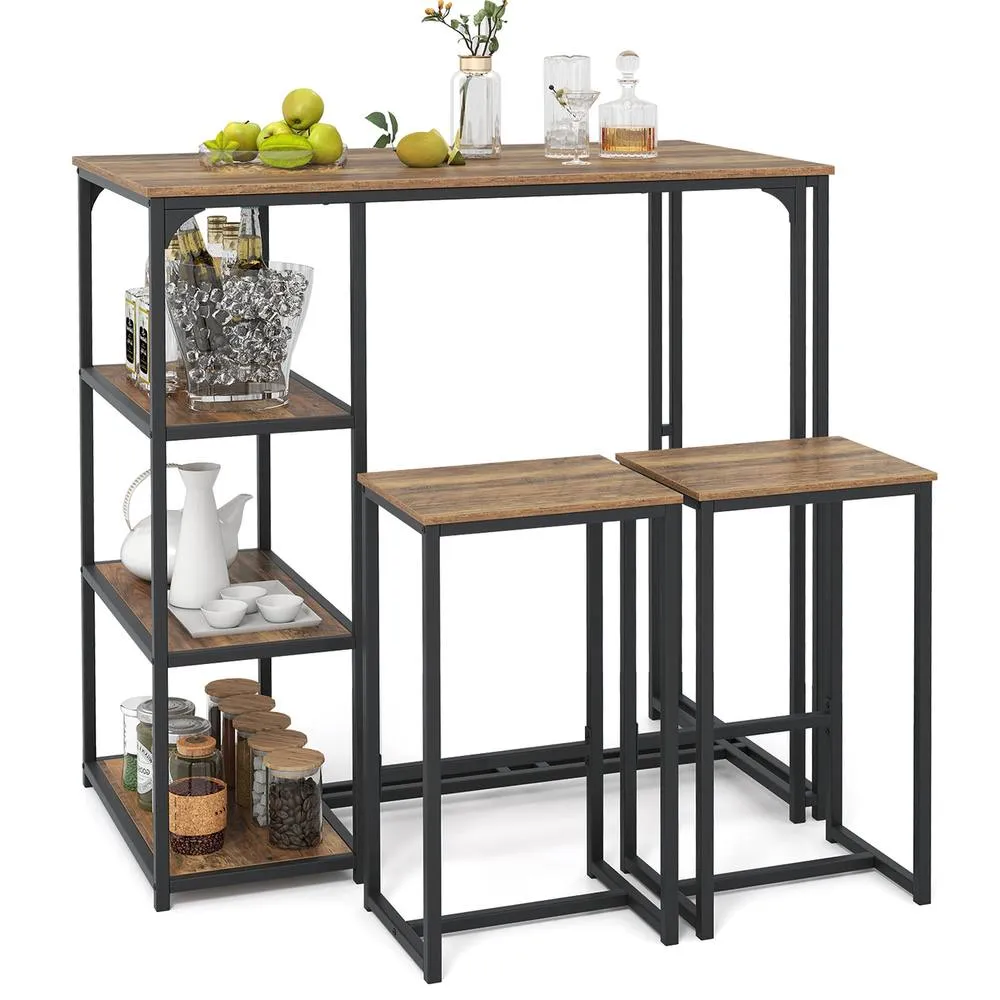 Costway 3-Piece Bar Table Set 2 Person Dining Furniture Set w/2 Stools in Brown 3
