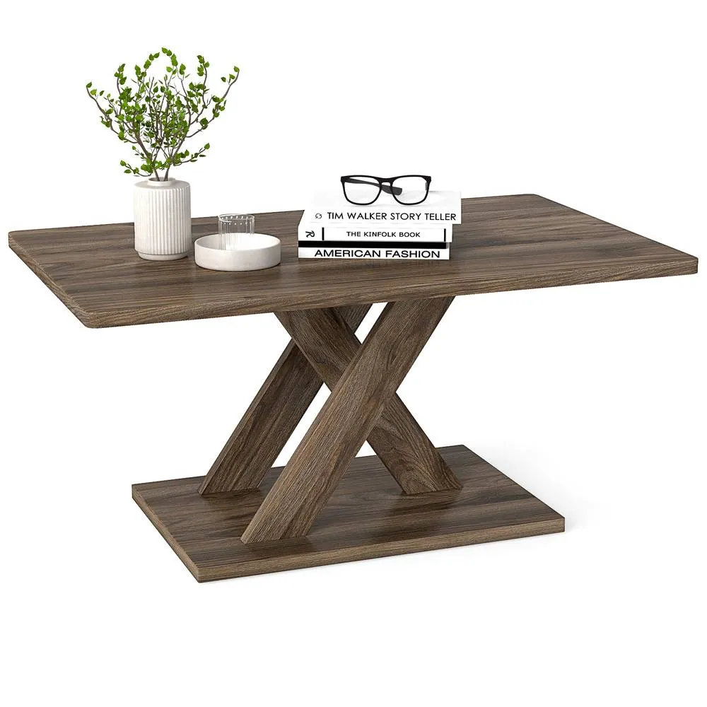 Costway 95CM Coffee Table Rectangular Center Table Farmhouse Cocktail Table in Brown 6