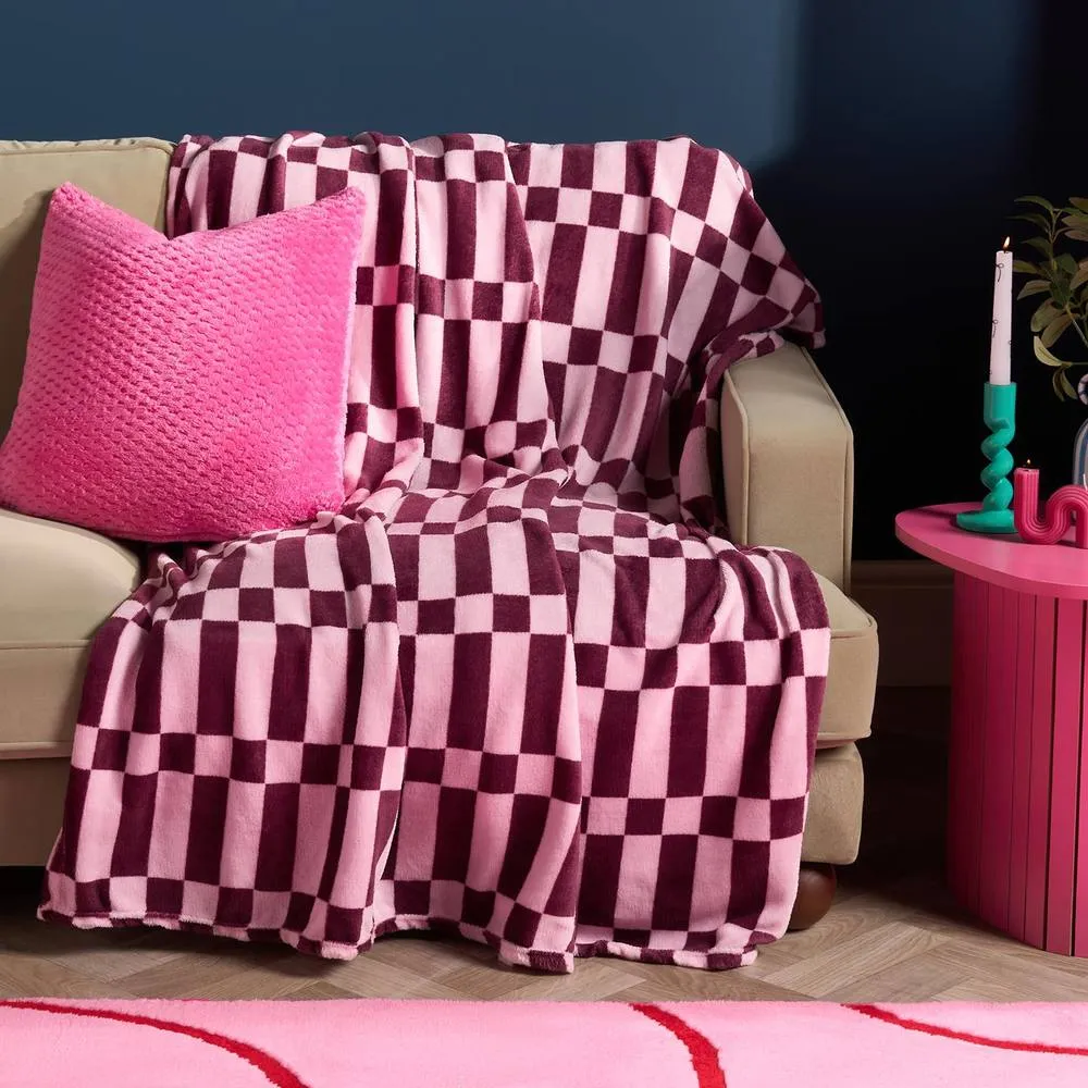 OHS Checkerboard Flannel Fleece Throw Blanket Soft Bedspread in Burgundy