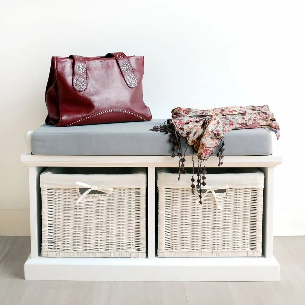 Statement Furniture Tetbury Bench with 2 White Wicker Baskets & Grey Cushion 1