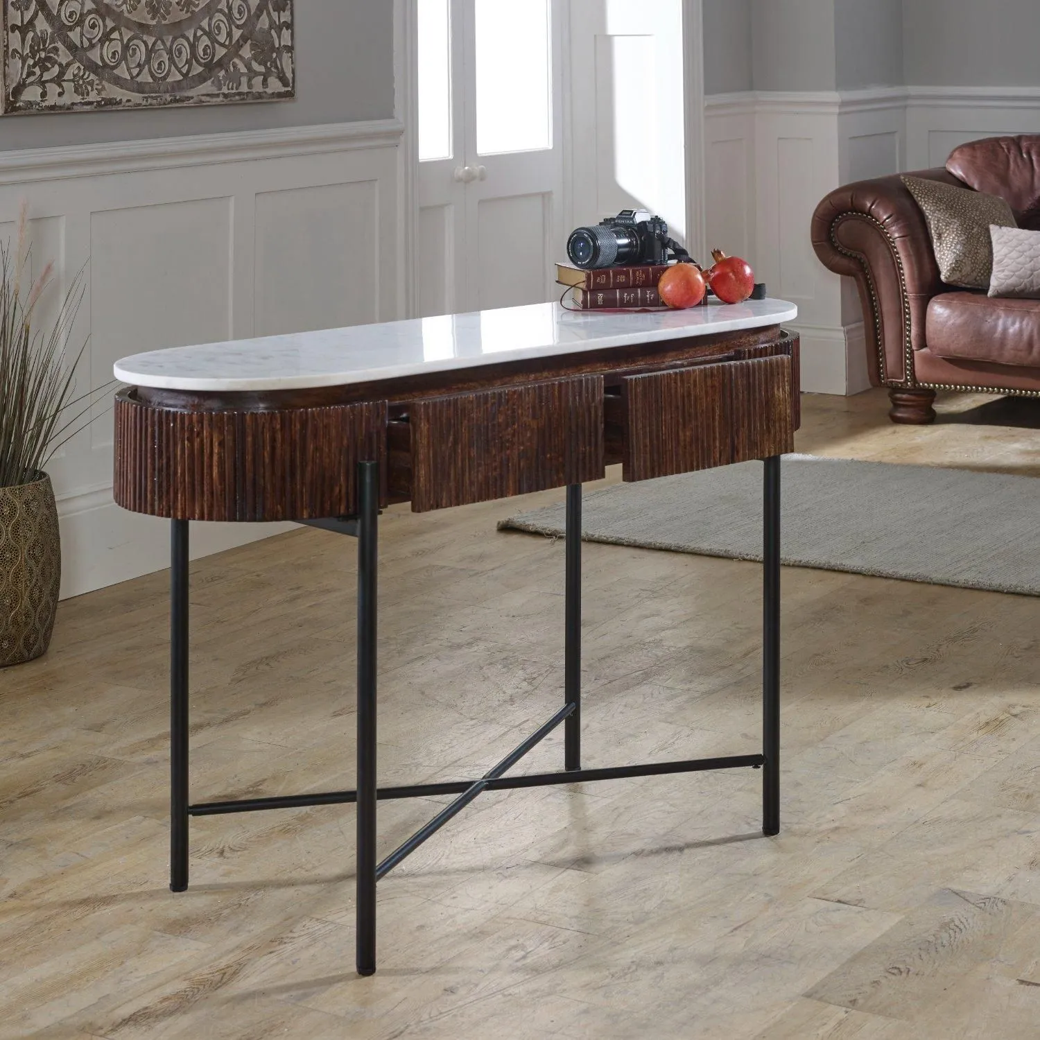IH Design Tilden Mango Wood Console Table With Marble Top & Metal Legs in White 2