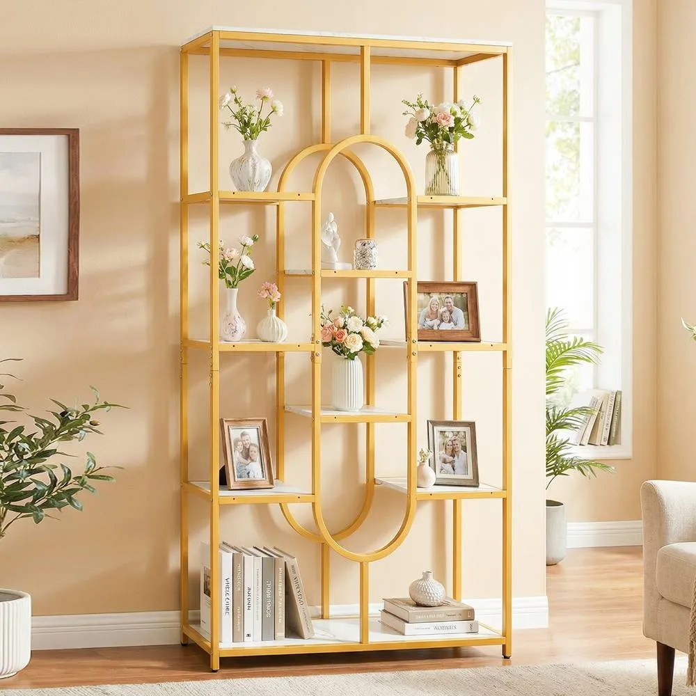 Costway 10-Tier Geometric Bookshelf 175CM Open Bookcase w/ Faux Marble Shelves in White 5