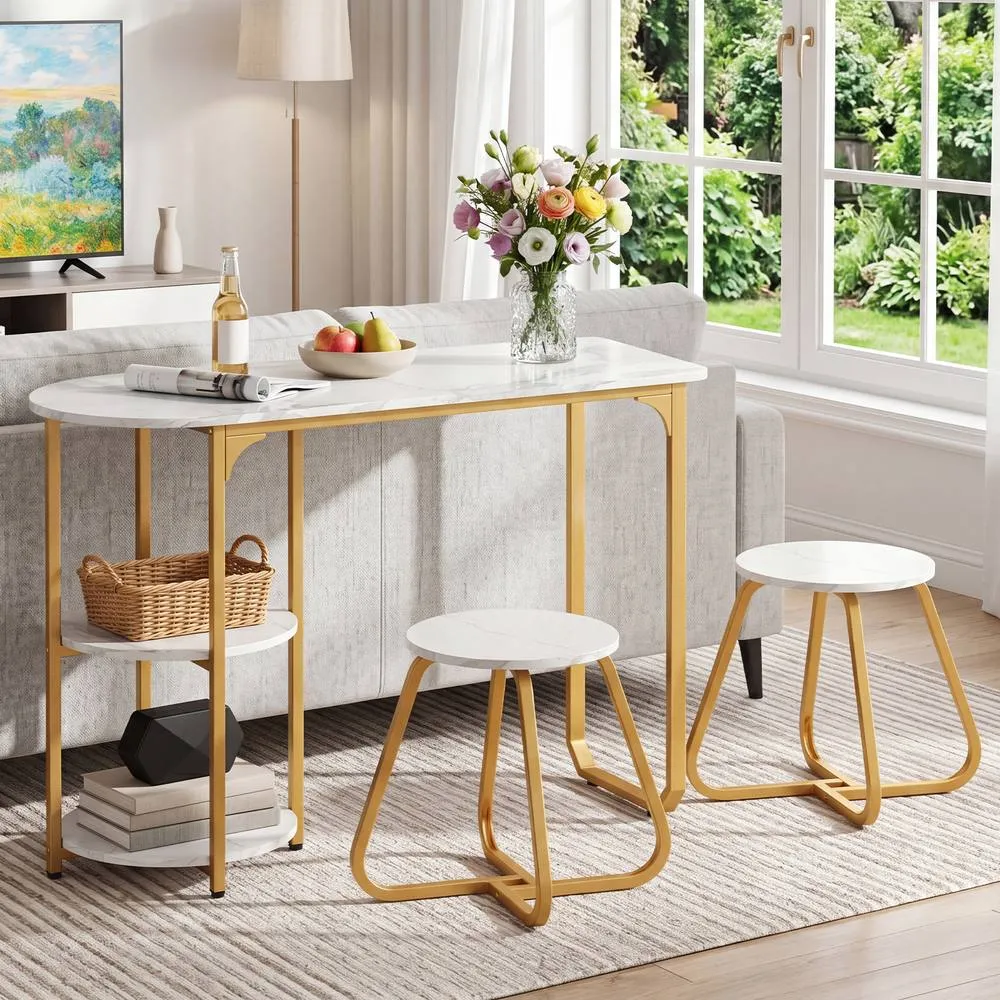Costway Table & 2 Bar Stools Set Table with 2 Shelves Stools in White 4