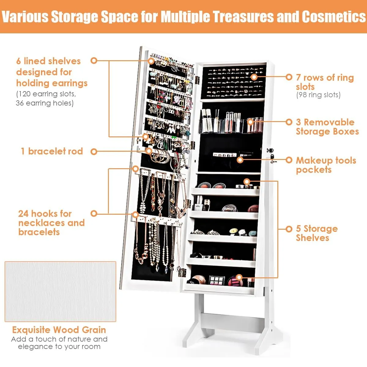 Costway Jewelry Cabinet Free Standing Jewelry Armoire w/Full-Length Mirror in White 5