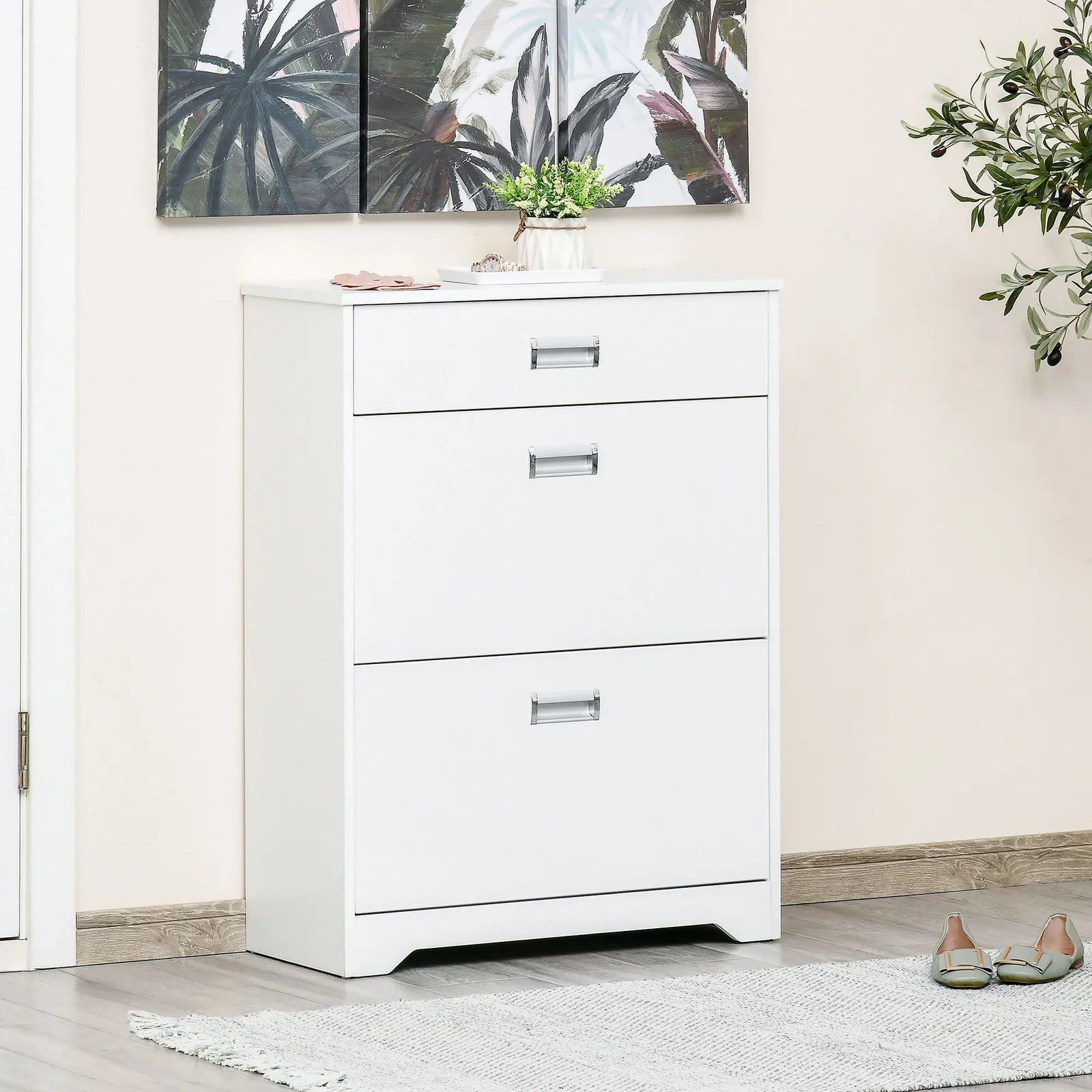 HOMCOM Tipping Shoe Cabinet Hall Organizer with Flip Drawers in White