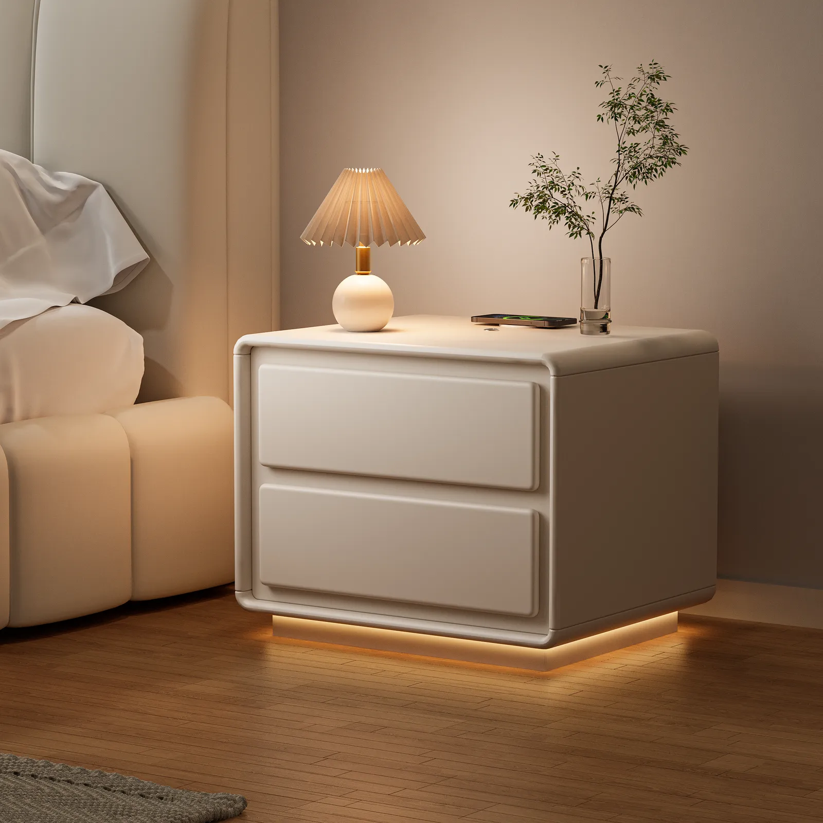 Modern Bedside Table off-white with 2-drawers and LED and USB charging function