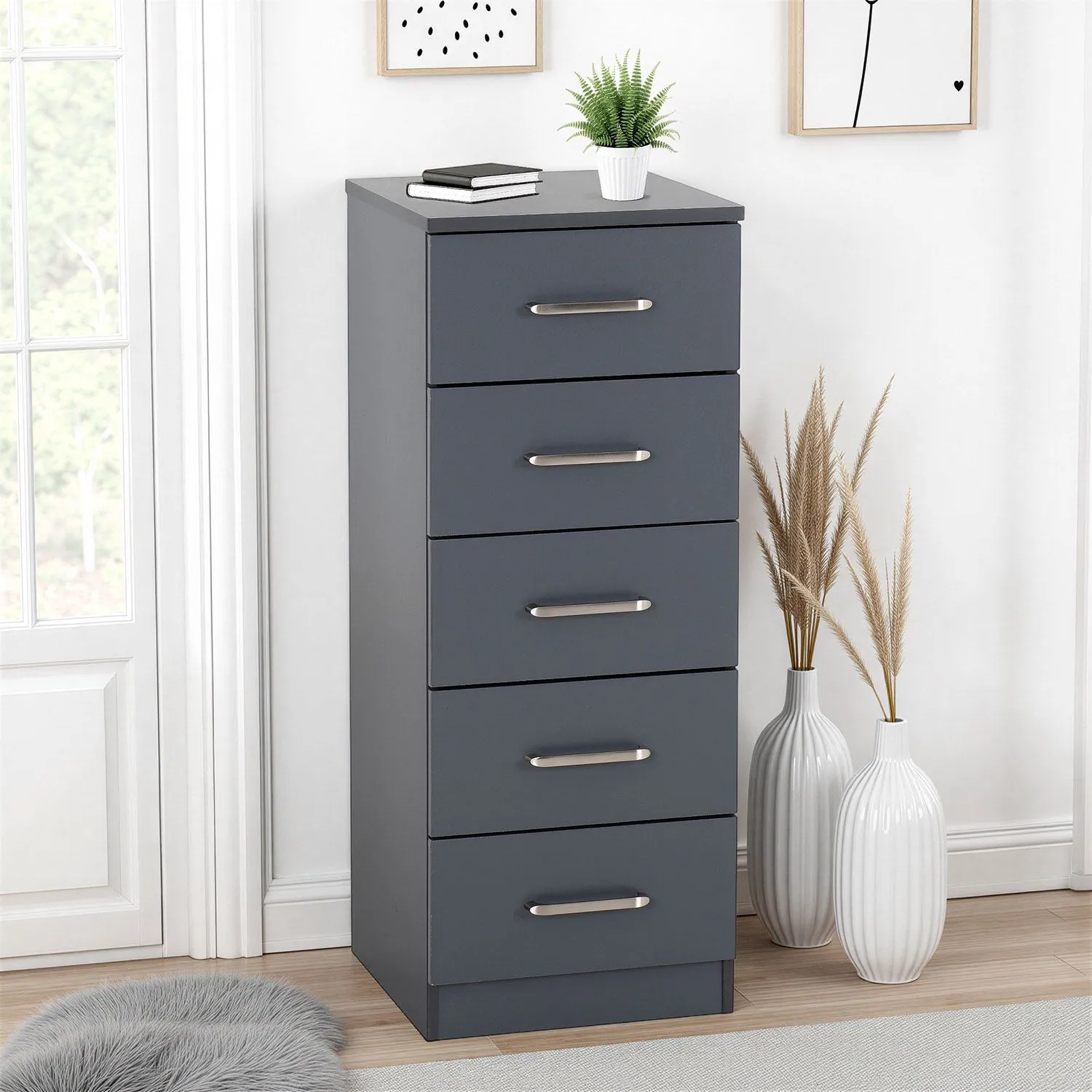 Seconique Dakotia 5 Drawer Narrow Chest in Dark Grey