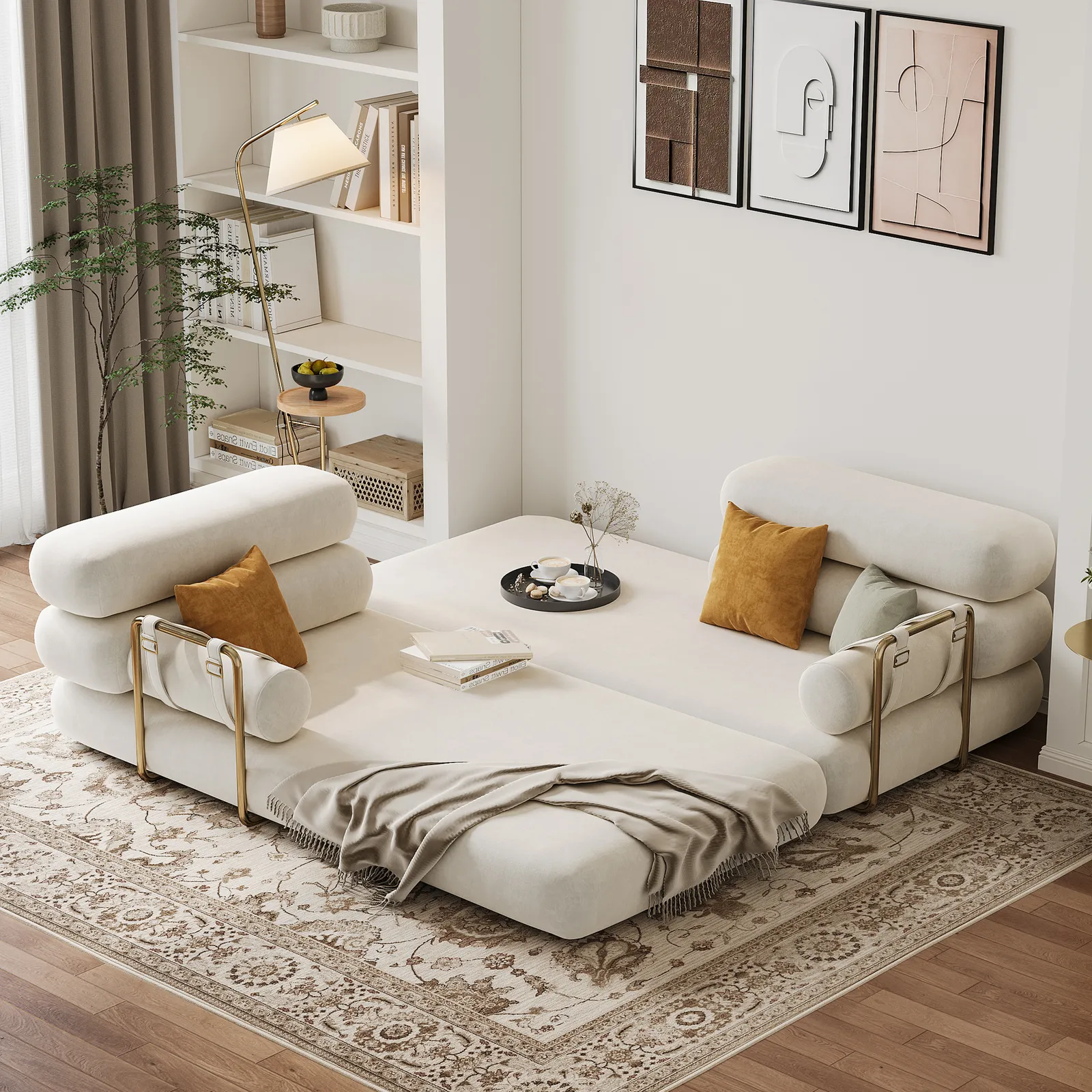 King Size Beige Velvet Convertible Sleeper Couch 205 cm Modern 3-Seater Futon Sofa Bed