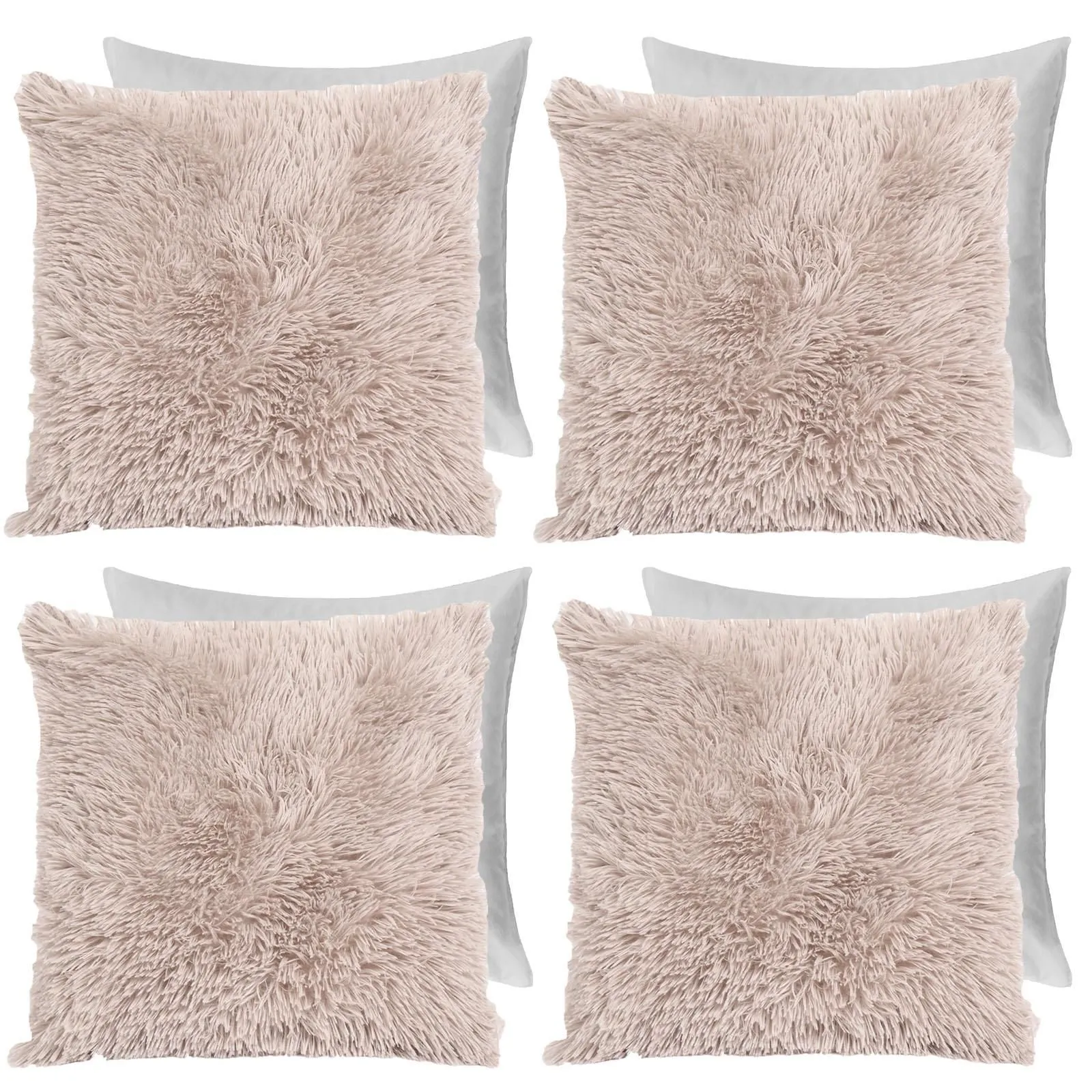 OHS Set of 4 Soft Fluffy Shaggy Square Filled Cushion Covers in Natural