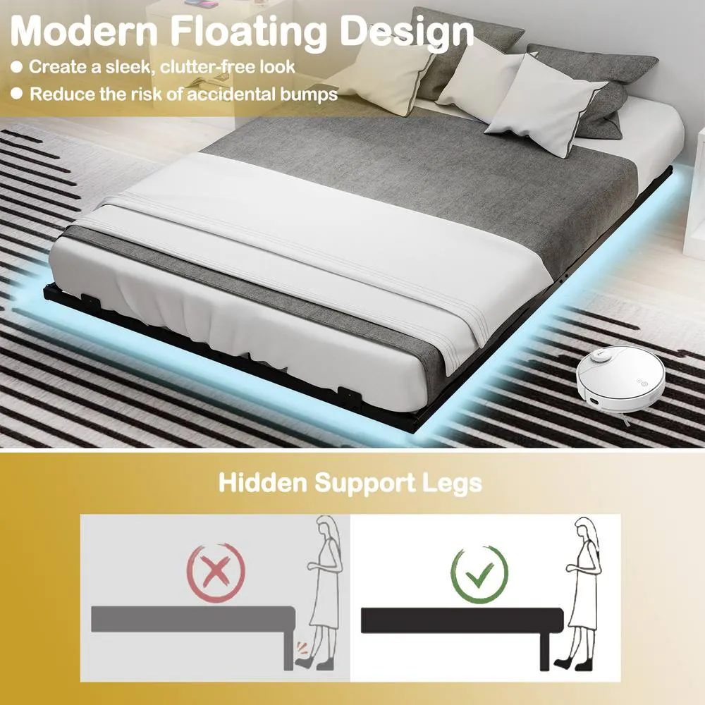 Costway Double Size Floating Bed Frame w/ LED Lights Modern Metal Platform Bed in Black 6