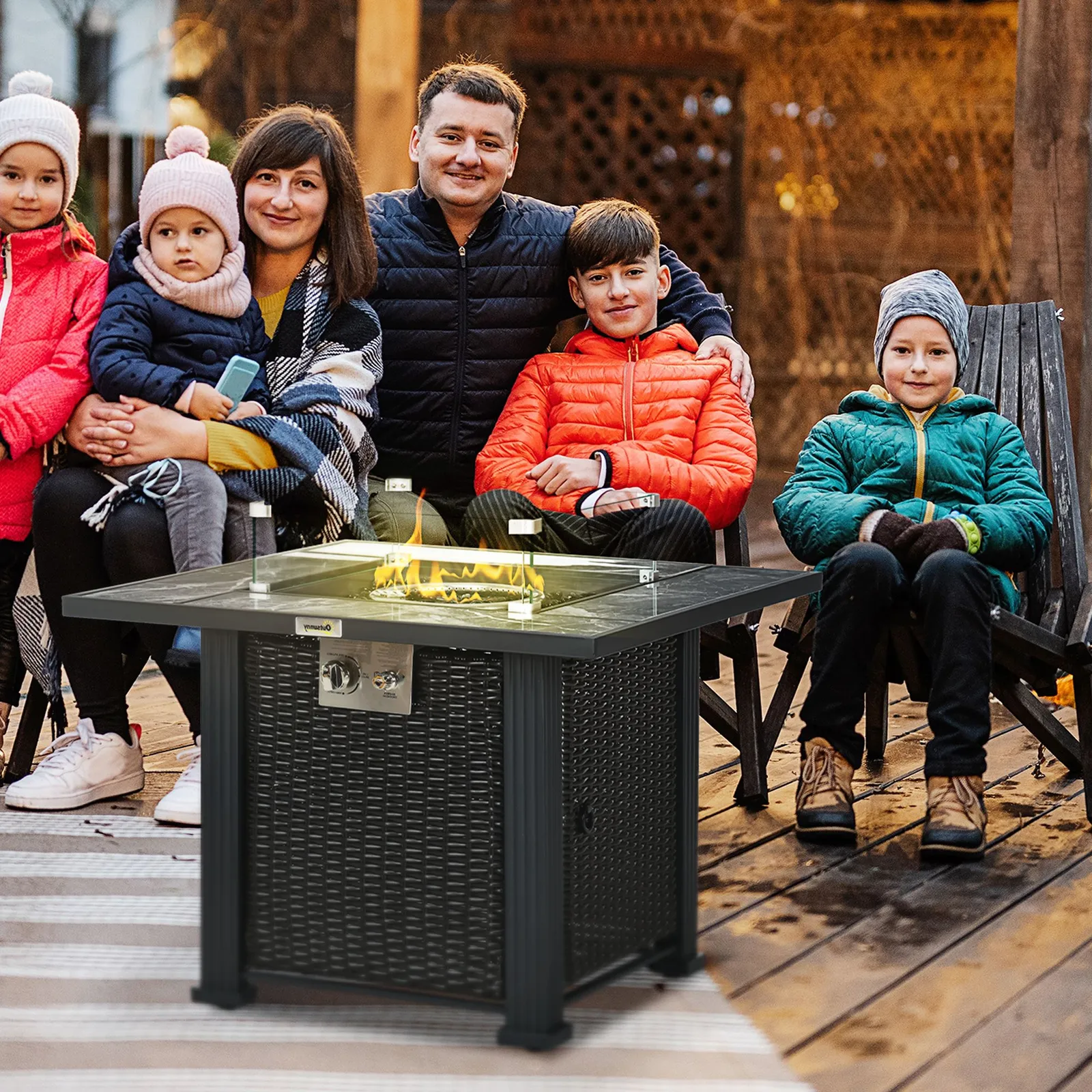 OUTSUNNY Rattan GFire Pit Table with Rain Cover, Windscreen & Glass Stones, 50, 000 BTU in Black