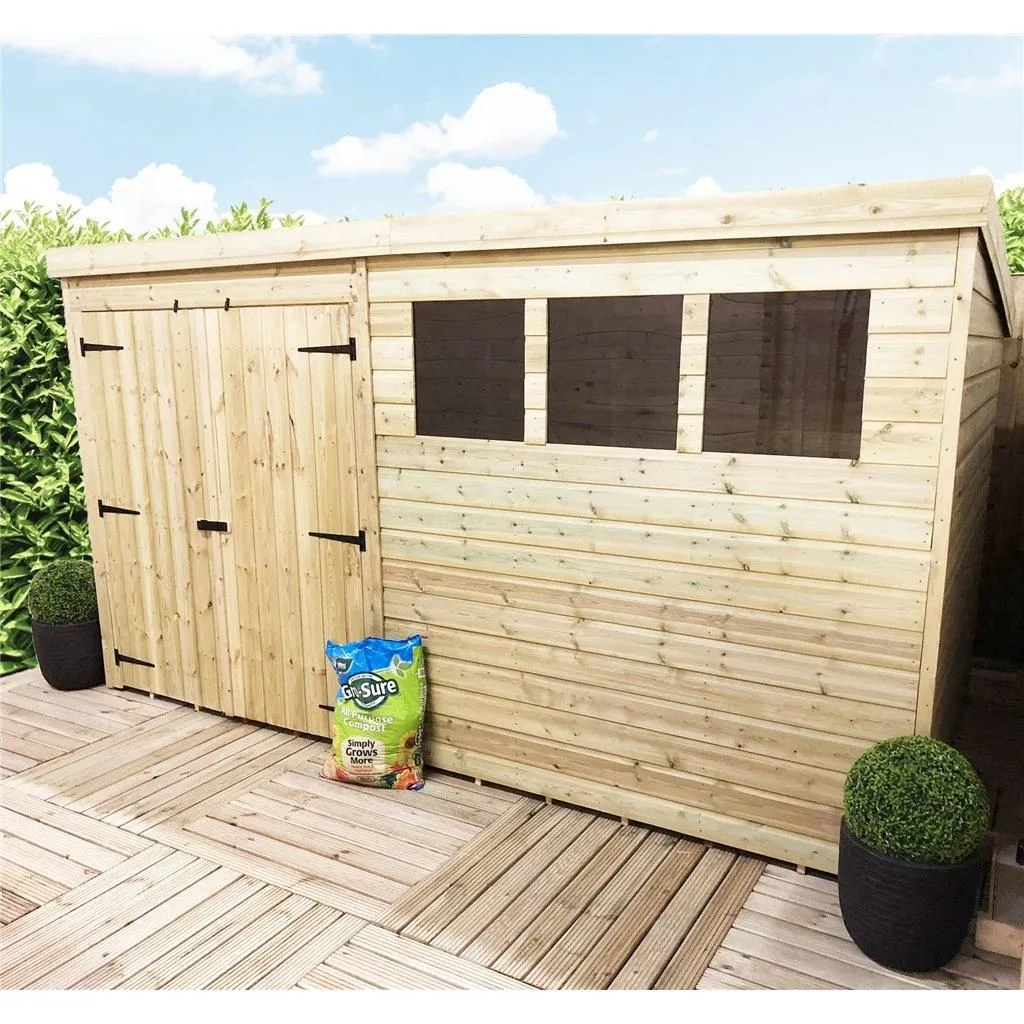 Marlborough 14 x 6 Pressure Treated Pent Garden Shed with Double Doors in Natural