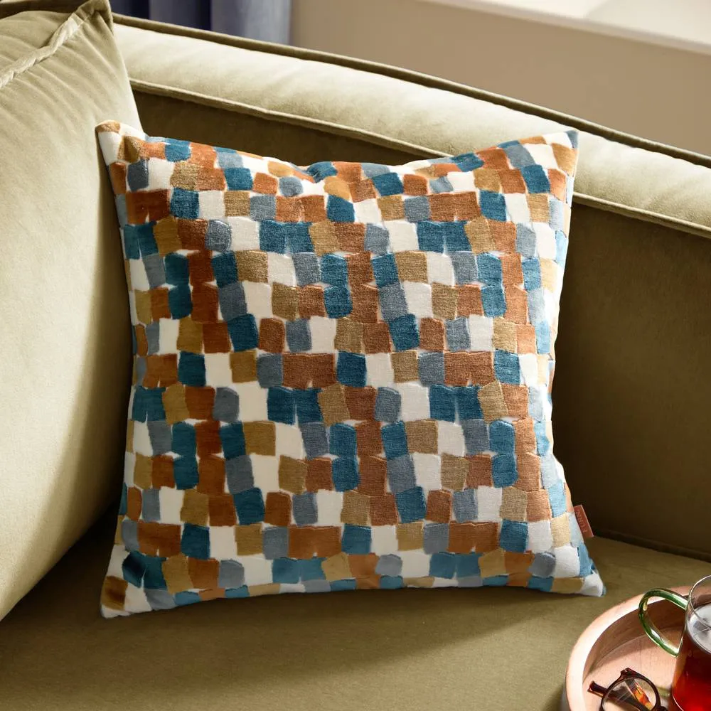 Furn Metro Blocks Velvet Jacquard Square Cushion in Orange