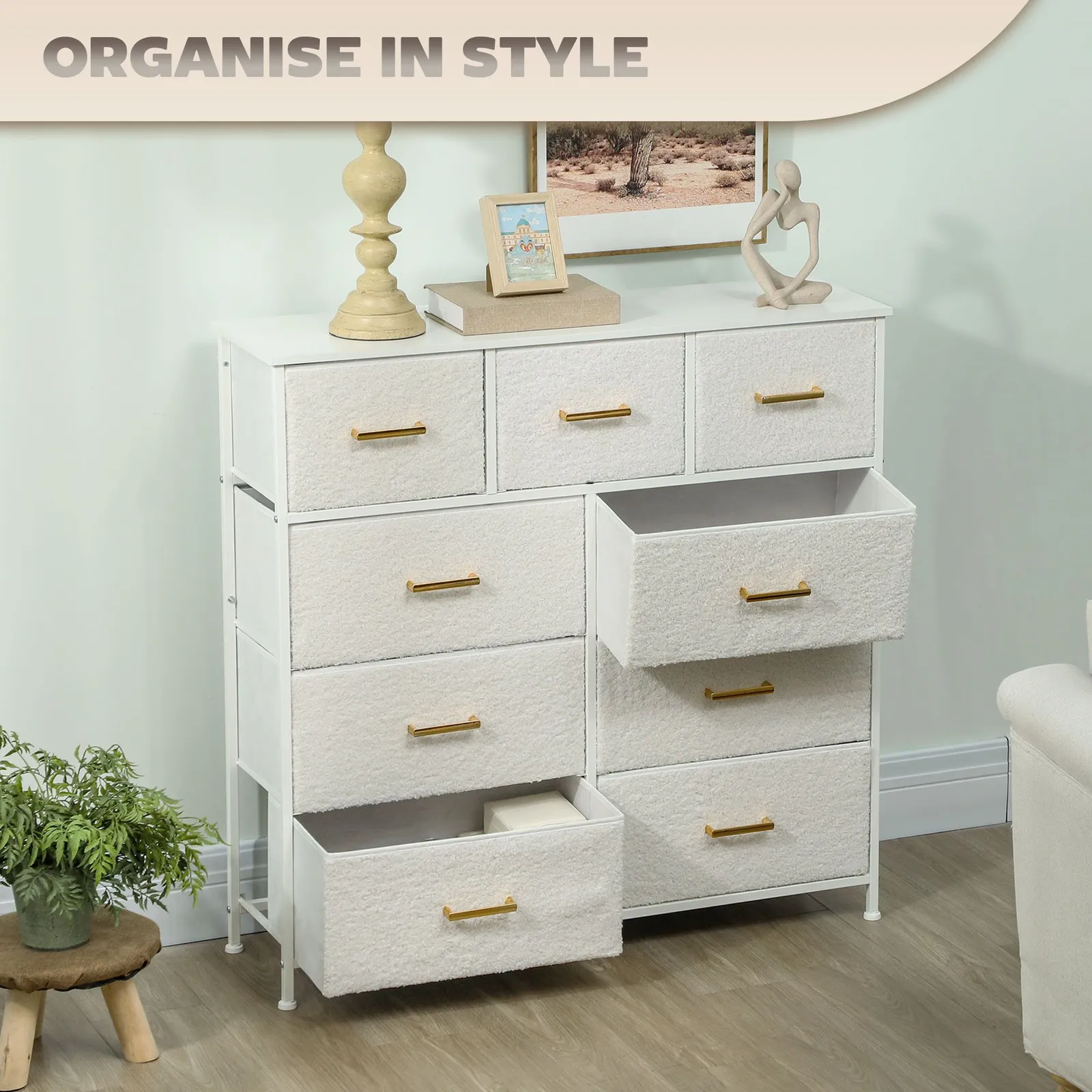 HOMCOM Chest of Drawers with 9 Drawers, Boucle Storage Organiser, Cream in White 5