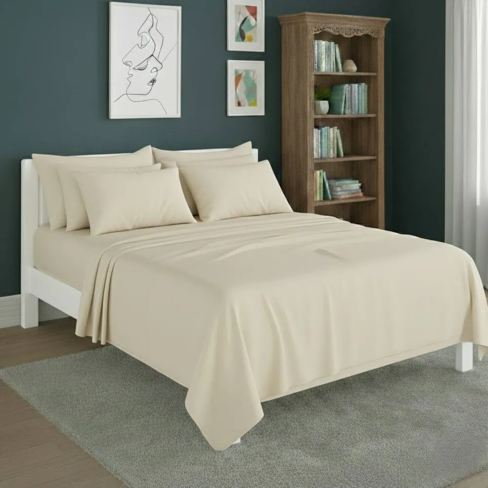 Snug City Plain Poly Cotton Easy Care Fitted Flat Sheet Matching Pillowcases Set in Cream