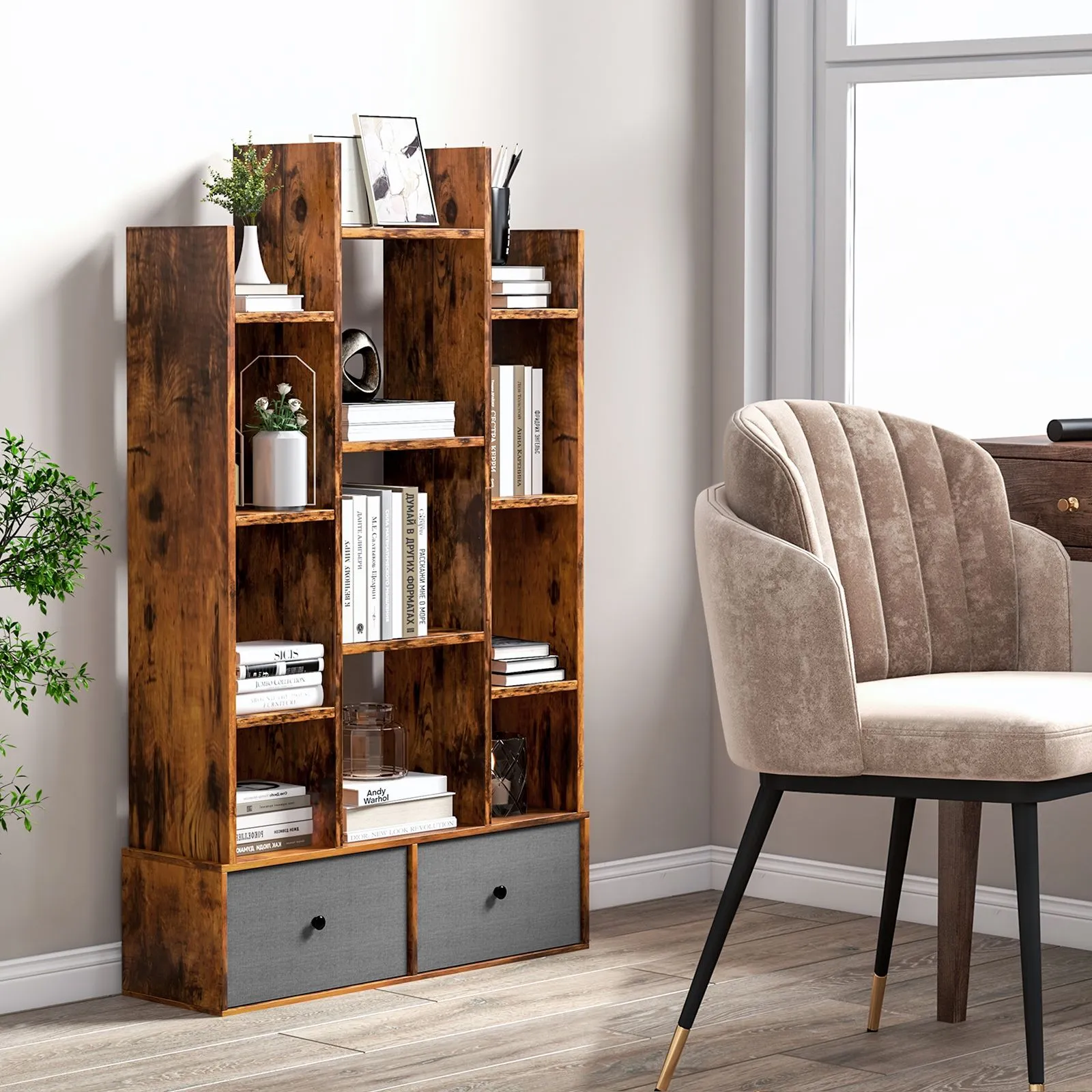 Costway 12 Tier Bookshelf Open Storage Wood Bookcase Organizer Display Shelf in Brown 2