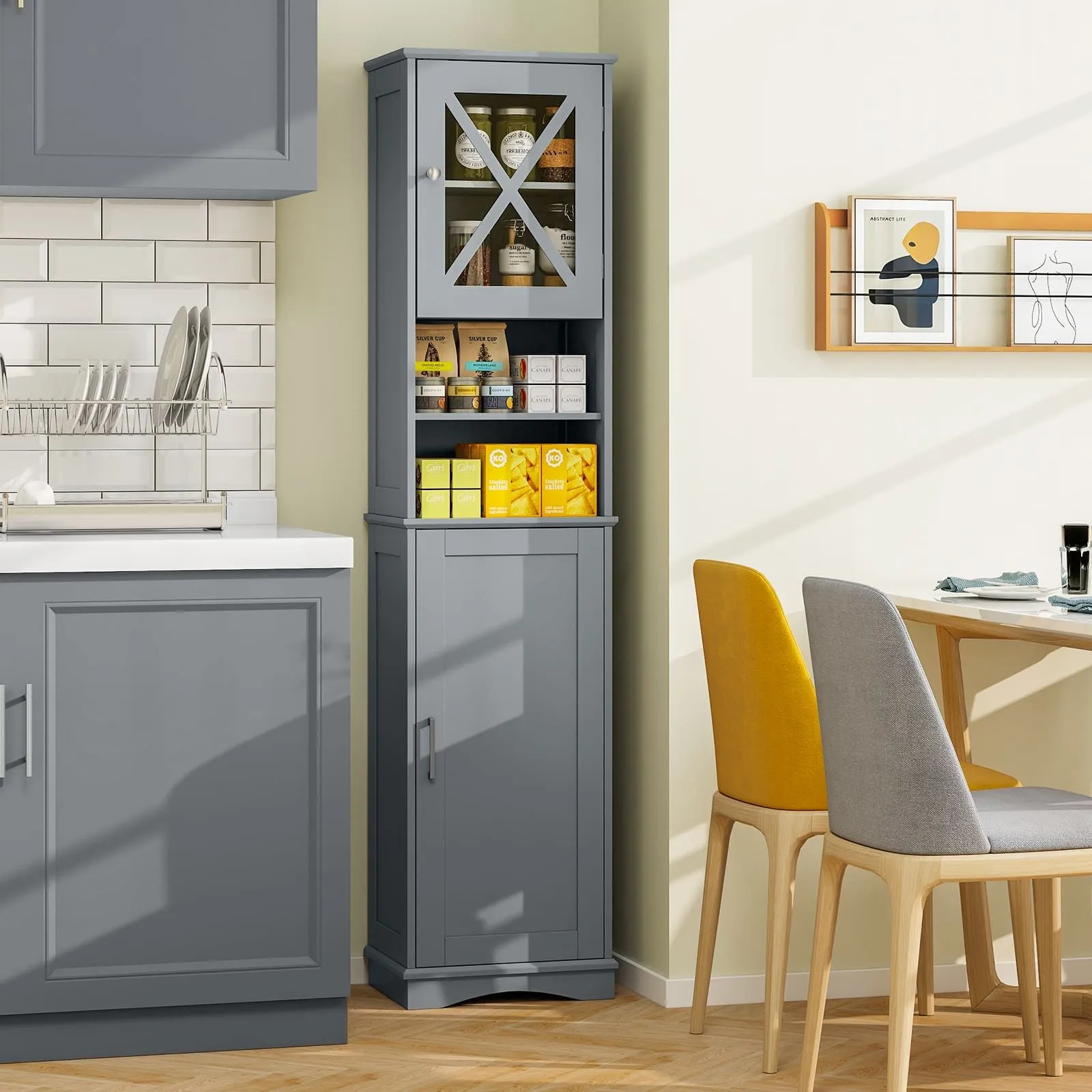 Costway 67" Tall Bathroom Cabinet Freestanding Storage Cabinet-Grey in Grey 6