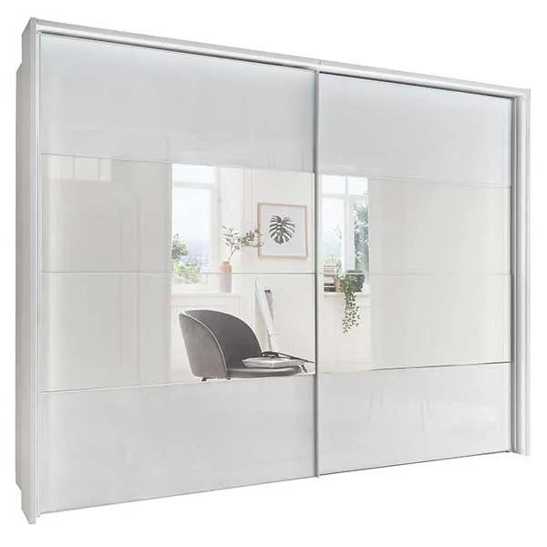 Riga 2 Door Sliding Wardrobe  White Glass and Mirror