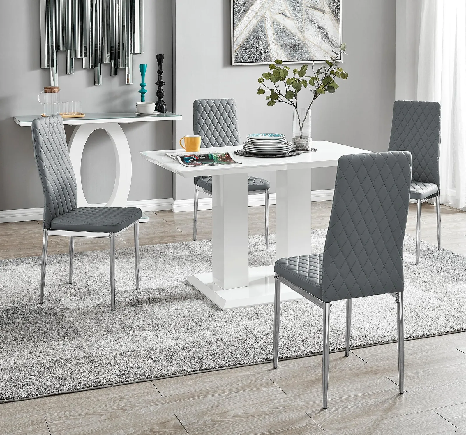 FurnitureboxUK Imperia 4 Seater Modern White High Gloss Rectangular Dining Table & 4 Milan Faux Leather Chairs in Grey 1