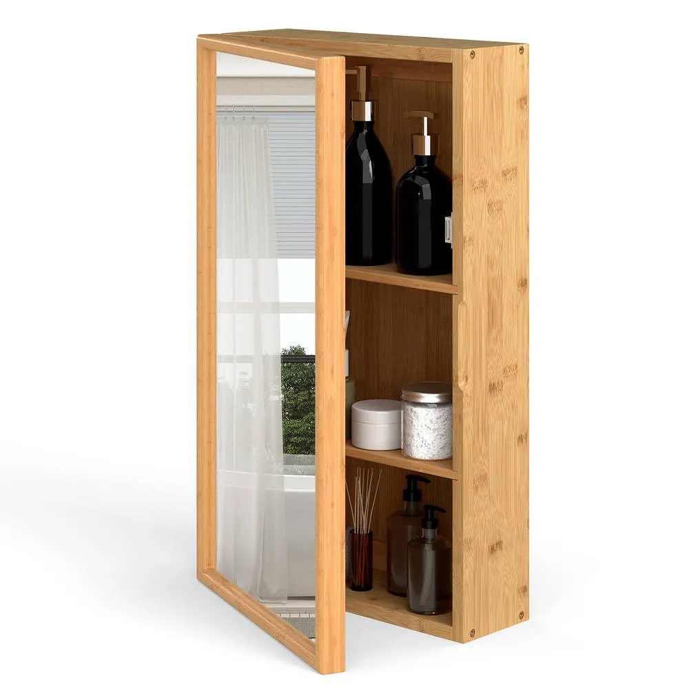 Costway Bathroom Wall Cabinet Bamboo Medicine Cabinet w/Mirror & 2 Shelves in Natural 4