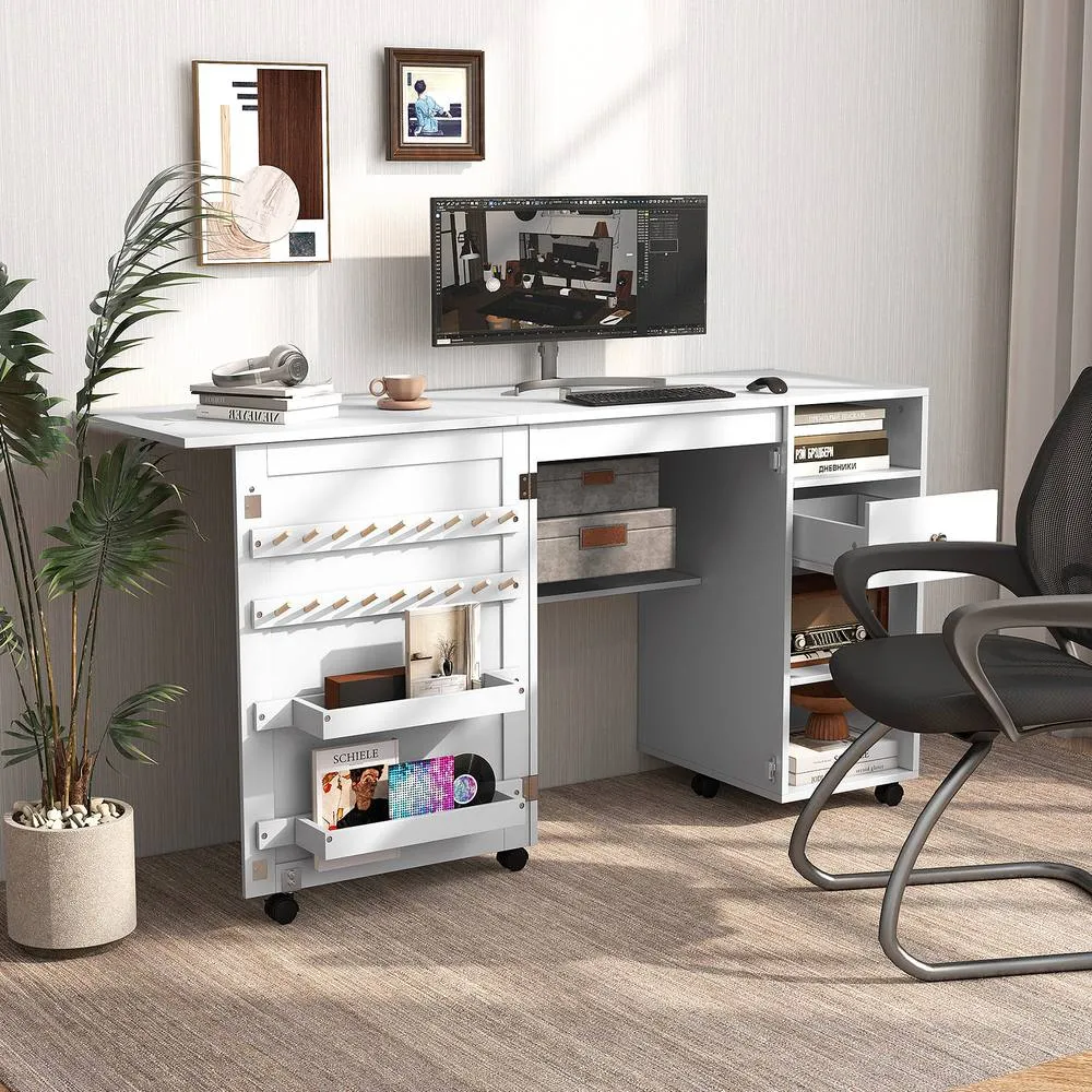 Costway Folding Sewing Table Adjustable Rolling Sewing Craft Desk w/Trays&Pegs in White 4